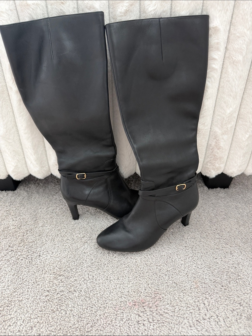 Ralph Lauren Black Leather Mid-Heel Knee Boots